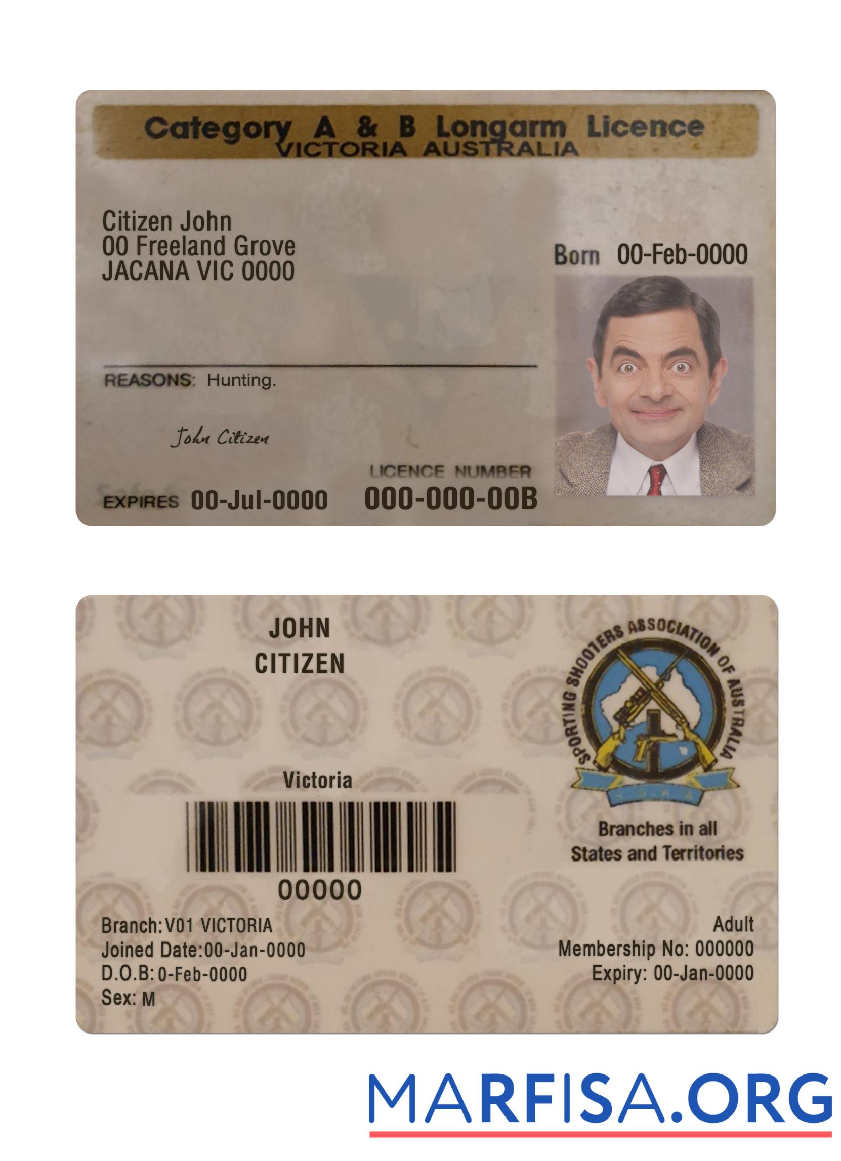 Printable Australia Victoria state A & B longarm license template